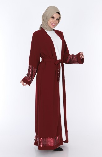 Sequined Belted Abaya 7835-03 Claret Red 7835-03