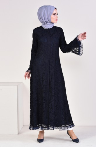 Lace overlay Zippered Abaya 35877-02 Navy Blue 35877-02