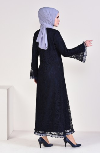 Lace overlay Zippered Abaya 35877-02 Navy Blue 35877-02