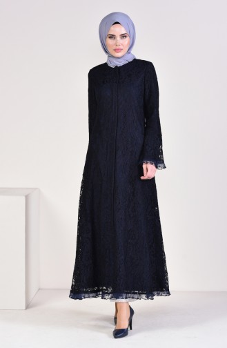 Lace overlay Zippered Abaya 35877-02 Navy Blue 35877-02