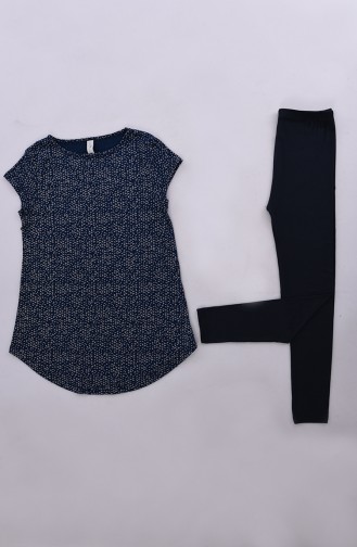 Patterned Leggings Pajamas Set  7001-01 Navy Blue 7001-01