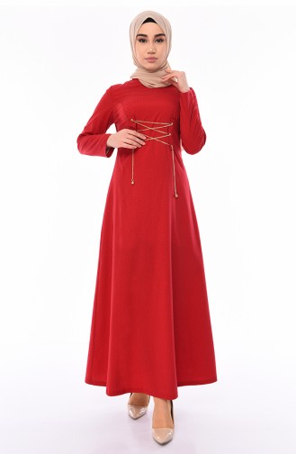 فستان مزين بسلسلة 1181-02 لون احمر واسود 1181-02