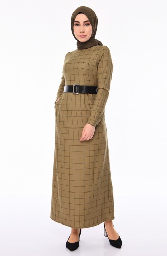 Checkered Belted Dress 2069-01 Khaki 2069-01