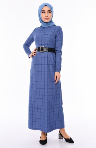 فستان بتصميم مربعات وحزام للخصر 2069-02 لون نيلي 2069-02
