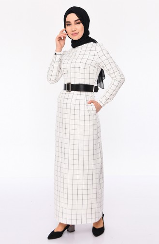 Checkered Belted Dress 2069-03 Light Beige 2069-03