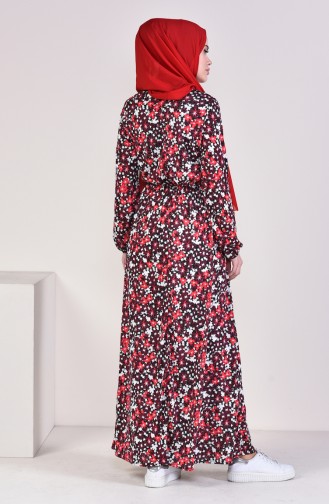 Desenli Beli Lastikli Elbise 0417N-01 Bordo