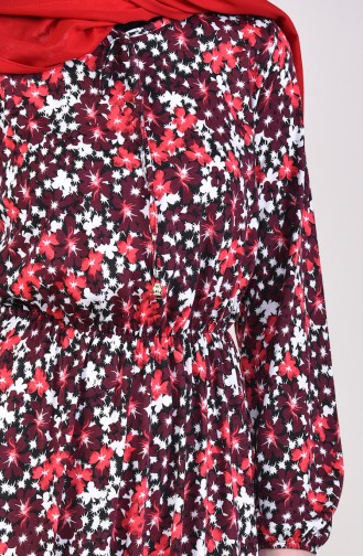Desenli Beli Lastikli Elbise 0417N-01 Bordo