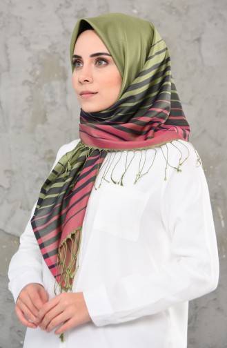 Şerit Desenli Mevsimlik Püsküllü Eşarp 2238-11 Açık Yeşil