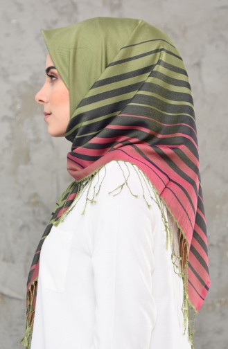 Şerit Desenli Mevsimlik Püsküllü Eşarp 2238-11 Açık Yeşil