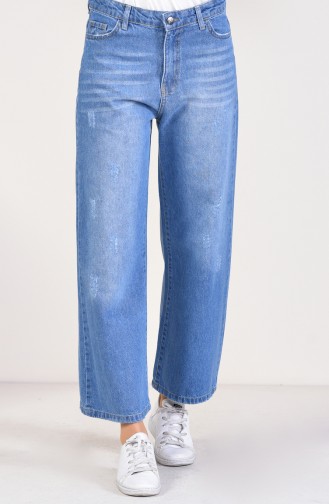 Düğmeli Bol Paça Kot Pantolon 2577-02 Kot Mavi 2577-02