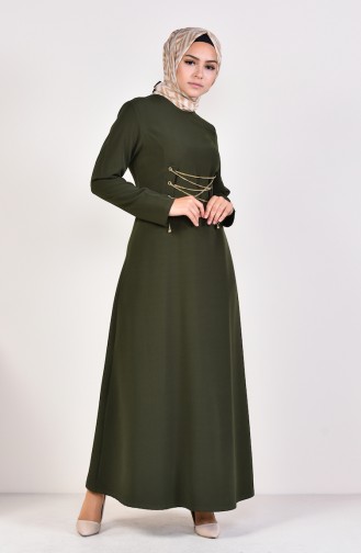 فستان سادة مزين بسلسلة 1189-02 لون اخضر كاكي 1189-02