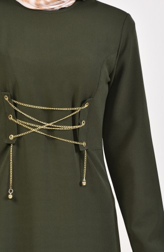 Chain Detailed Plain Dress 1189-02 Khaki 1189-02