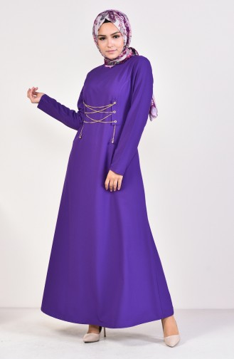 Chain Detailed Plain Dress 1189-03 Purple 1189-03