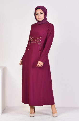 Chain Detailed Plain Dress 1189-04 Plum 1189-04