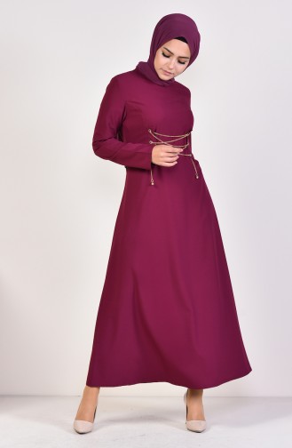 Chain Detailed Plain Dress 1189-04 Plum 1189-04