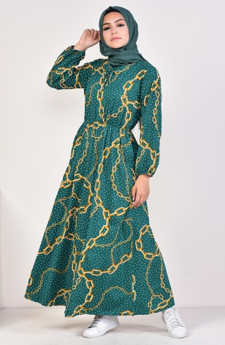 فستان مُطبع بتصميم مطاط عند الخصر 0417 R-01 لون أخضر زمردي 0417R-01
