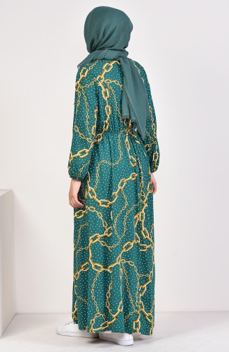 فستان مُطبع بتصميم مطاط عند الخصر 0417 R-01 لون أخضر زمردي 0417R-01