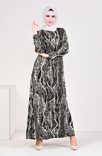 Desenli Elbise 2560L-01 Siyah Bej