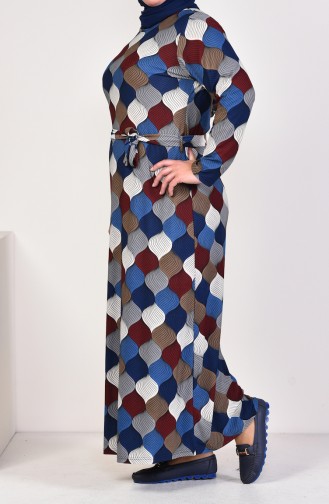 فستان مطبع بتصميم حزام للخصر وبمقاسات كبيرة 4555J-02 لون نيلي 4555J-02