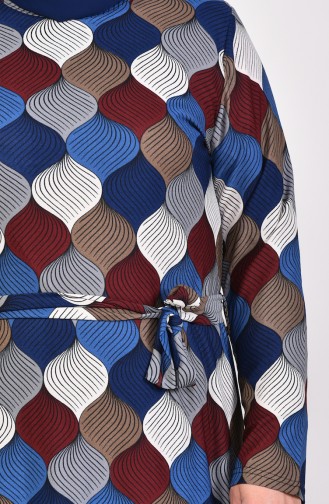 فستان مطبع بتصميم حزام للخصر وبمقاسات كبيرة 4555J-02 لون نيلي 4555J-02