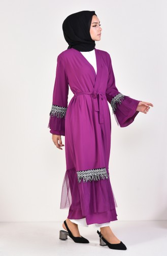 Sequined Detailed Belted Abaya 0575-04 Plum 0575-04