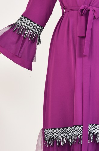 Sequined Detailed Belted Abaya 0575-04 Plum 0575-04