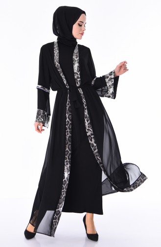 Leopar Desenli Şifon Abaya 52748-01 Siyah Gri 52748-01