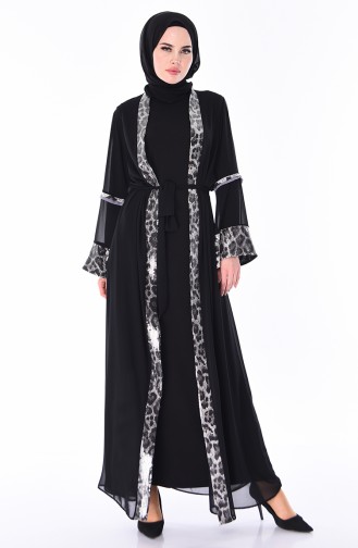 Leopard Patterned Chiffon Abaya 52748-01 Black Gray 52748-01