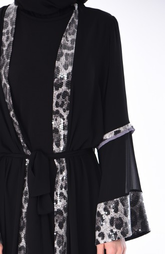 Leopar Desenli Şifon Abaya 52748-01 Siyah Gri 52748-01