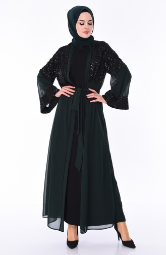Sequined Belted Abaya 52750-02 Emerald Green Black 52750-02