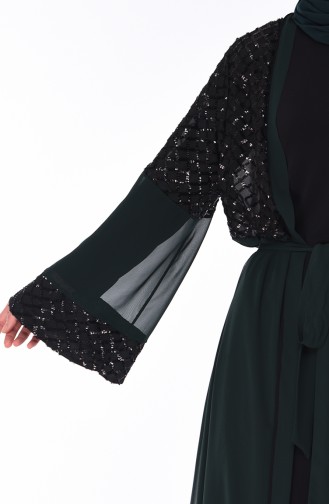 Sequined Belted Abaya 52750-02 Emerald Green Black 52750-02