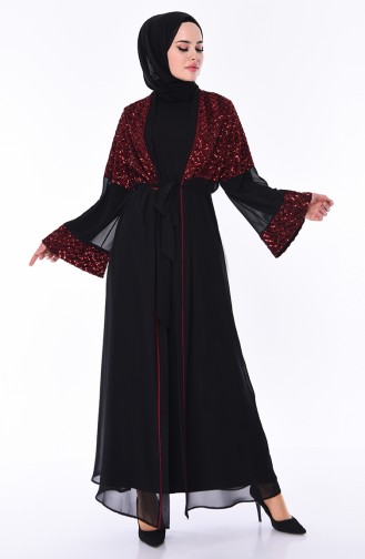 Sequined Belted Abaya 52750-03 Black Claret Red 52750-03