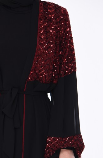 Sequined Belted Abaya 52750-03 Black Claret Red 52750-03