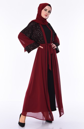 Sequined Belted Abaya  52750-05 Claret Red Black 52750-05