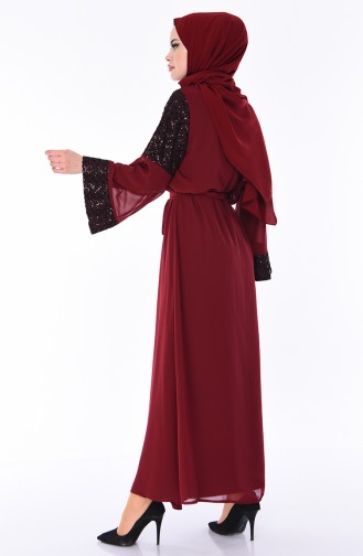 Sequined Belted Abaya  52750-05 Claret Red Black 52750-05