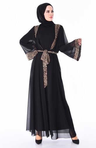 Leopar Desenli Şifon Abaya 52752-01 Siyah Vizon 52752-01