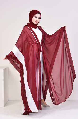 Payetli Şifon Abaya 52753-04 Bordo Bej