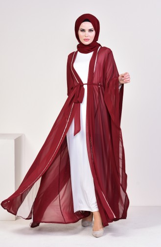 Payetli Şifon Abaya 52753-04 Bordo Bej