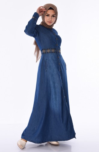 Embroidered Jeans Abaya 5168-01 Navy Blue 5168-01