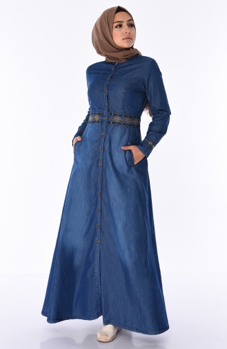 Embroidered Jeans Abaya 5168-01 Navy Blue 5168-01