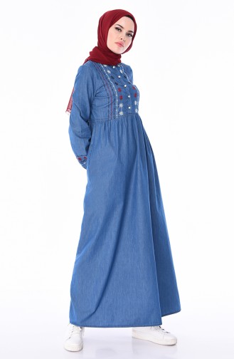 Nakışlı Kot Elbise 4047-02 Kot Mavi