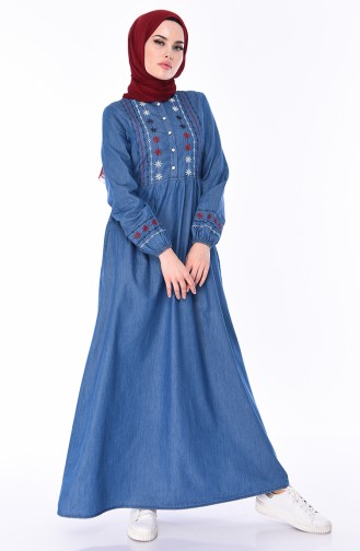Nakışlı Kot Elbise 4047-02 Kot Mavi