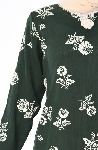 Desenli Şile Bezi Elbise 0450-06 Koyu Yeşil