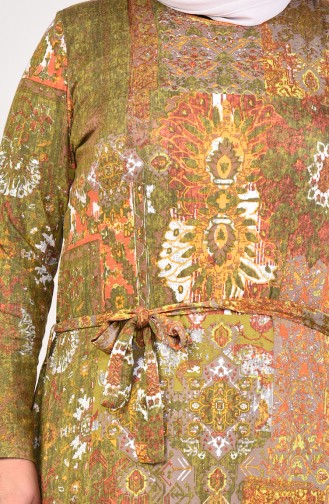 Büyük Beden Desenli Kuşaklı Elbise 4550-01 Haki