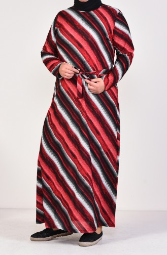 Büyük Beden Desenli Kuşaklı Elbise 4555C-01 Kırmızı 4555C-01