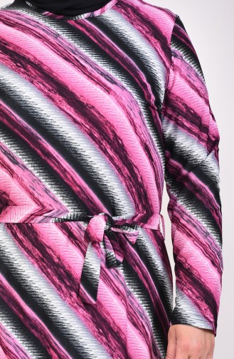 فستان مطبع بتصميم حزام للخصر وبمقاسات كبيرة 4555C-03 لون بنفسجي 4555C-03