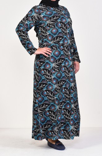 Plus Size Patterned Belted Dress 4555G-04 Black Turquoise 4555G-04