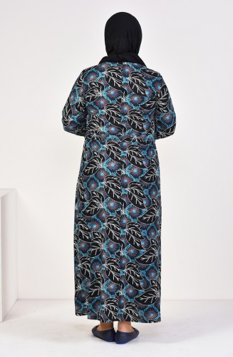 Büyük Beden Desenli Kuşaklı Elbise 4555G-04 Siyah Turkuaz