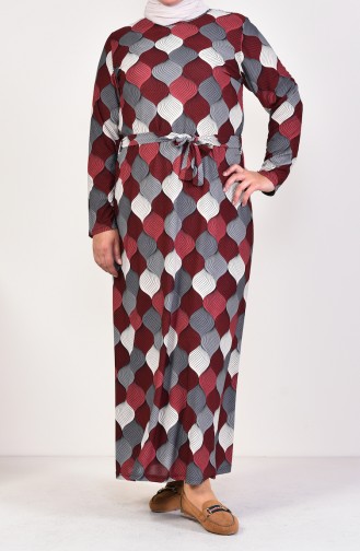 Plus Size Patterned Belted Dress 4555J-04 Bordeaux 4555J-04