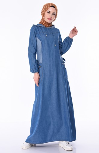 Kapüşonlu Kot Elbise 4007-01 Kot Mavi 4007-01